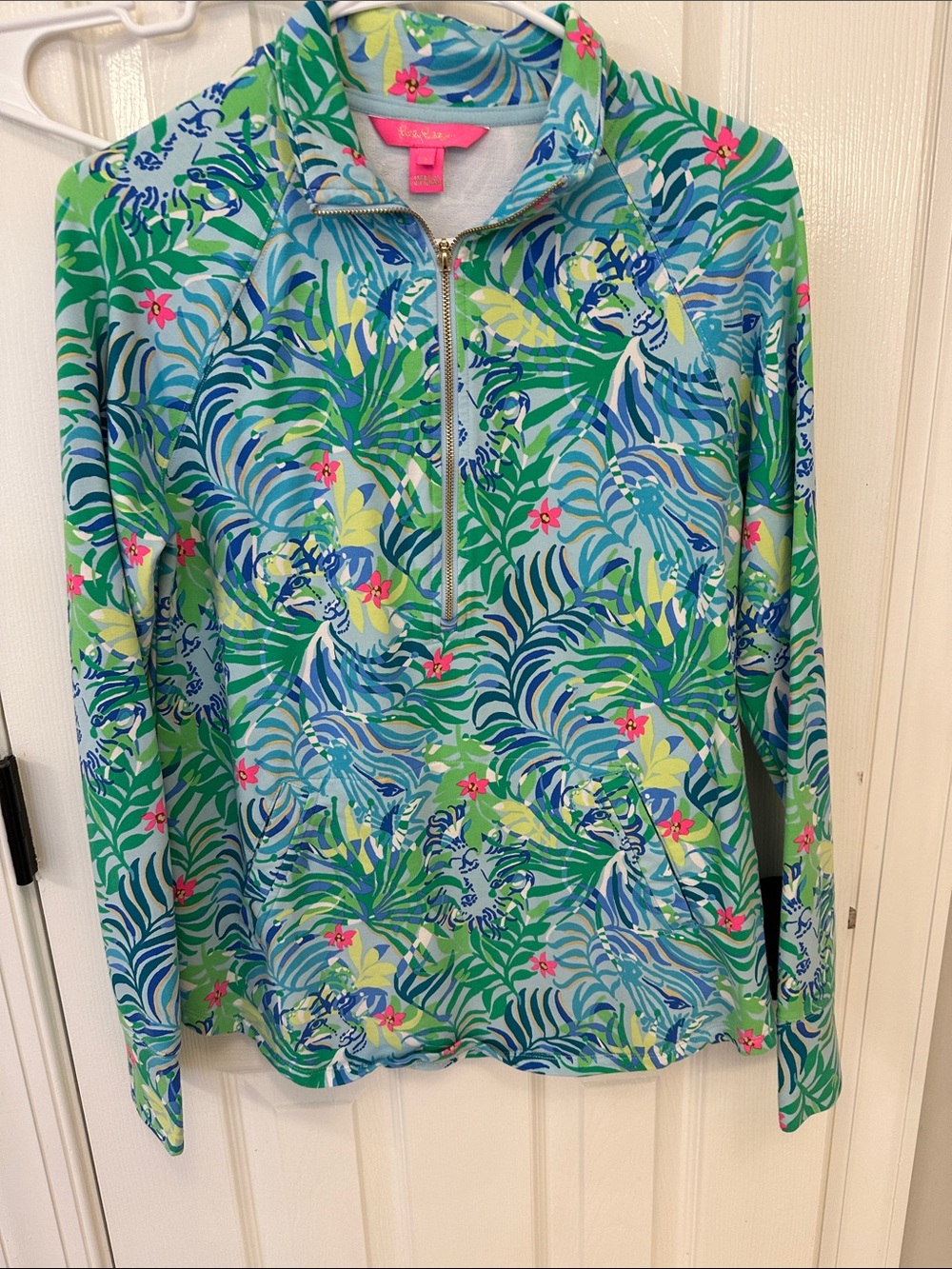 Lilly Pulitzer Green Tropical Zip-Front Pullover with Pink Accents